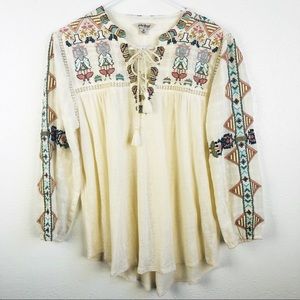 Lucky Brand | Ivory Embroidered Boho Tor Neck Top